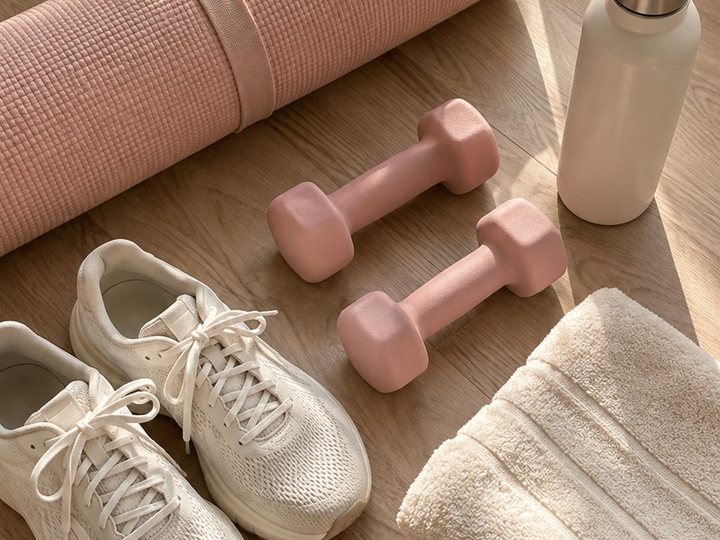 Tapete de yoga e halteres